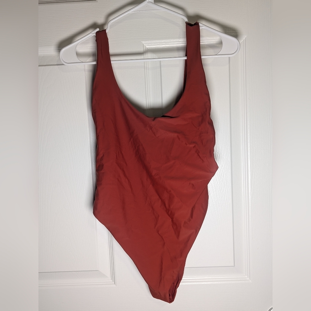 Aerie Rust Orange Scoop Neck One Piece Swimsuit Size Large Low Back High Cut Min